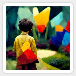 A Boy Holds a Toy in a Colorful Abstract Garden Sticker